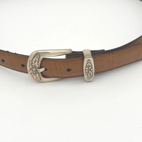 Genuine Leather Western Belt Medium Brown‎ Floral Silver Buckle Boho Country - Picture 3 of 9